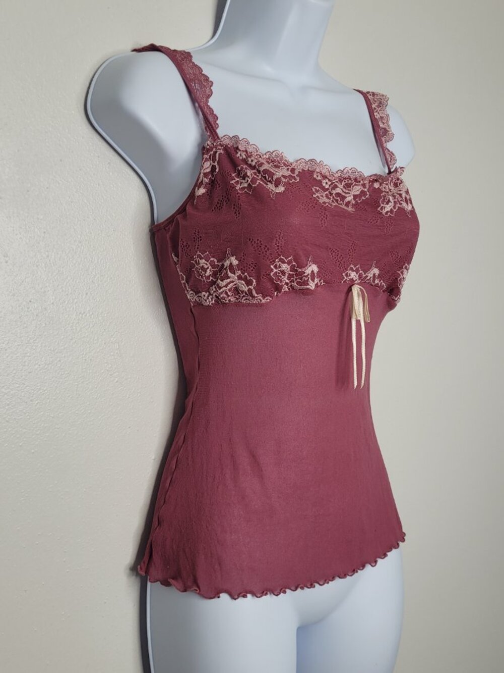 Mauve pink lace bow girlie semi sheer feminine going out party tank